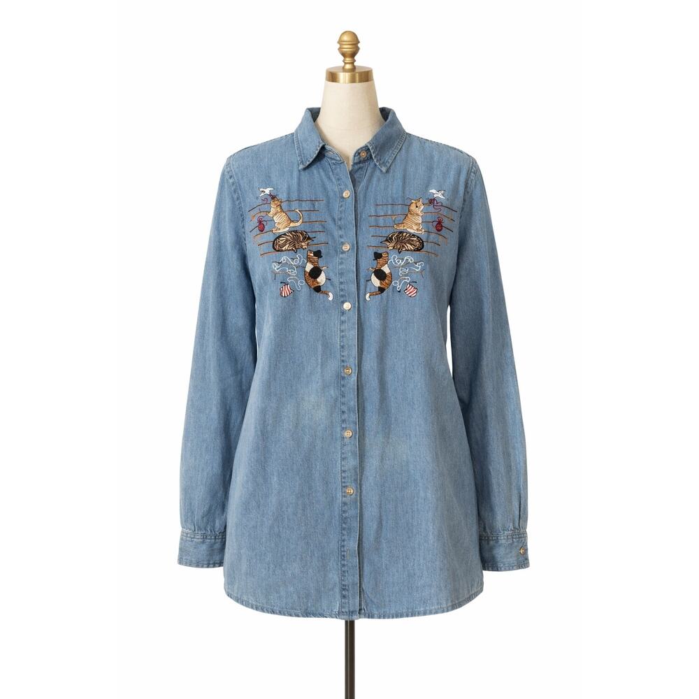 VTG Passion-I Cat Embroidered Denim Shirt 100% Cotton Cat Lady Kitten Top L